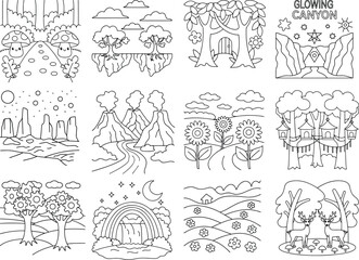 Enchanting Landscape Coloring Pages with Nature Scenes and Fantasy Elements illustration vector