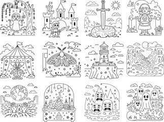 Fantasy And Halloween Themed Coloring Pages With Castles Creatures and Earth Keywords: fantasy, halloween, castle, knight, sword, earth, moth, lighthouse, river, circus tent, clown, ghost