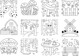 Fall Season Coloring Pages with Barn Windmill Scarf Boots and Campfire illustration