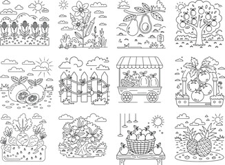 Farm Fresh Produce and Orchard Delights Coloring Pages Collection coloring book illustration