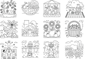 Garden Harvest and Healthy Eating Coloring Pages Collection fruits vegetables