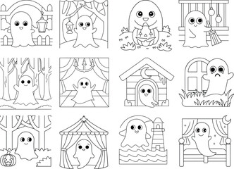 Halloween Ghost Scenes with Spooky Settings and Holiday Elements for Coloring Keywords: ghost, halloween, coloring, outline, drawing, cartoon, cute, character, spooky, scary, monster, spirit