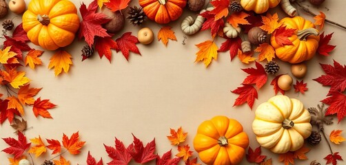 Obraz premium Vertical autumn flat lay Pumpkins, fall leaves, and autumnal decorations on a neutral background with ample copy space, fall, leaves