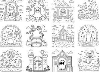 Halloween Themed Coloring Pages With Monsters Ghosts and Haunted Scenes Keywords: halloween, monster, ghost, haunted, spooky, scary, cute, cartoon, drawing, illustration, outline, coloring book