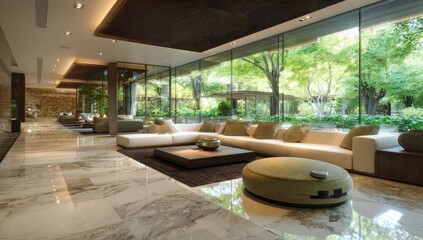 Fototapeta premium Modern, bright interior with marble floors, large windows overlooking lush green foliage