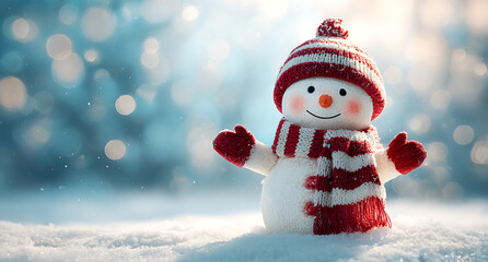 Adorable snowman wearing a striped hat and scarf in a snowy winter forest