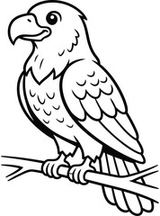 Obraz premium Cute parrot on branch kids coloring page, simple vector bird line drawing for children