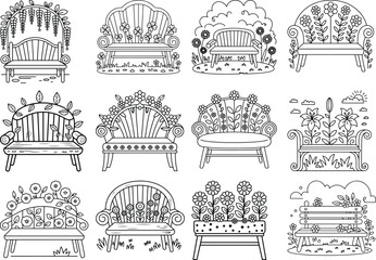 Ornate Floral Garden Benches Line Art Collection illustration vector