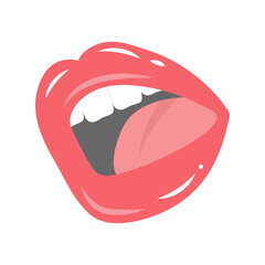Open mouth with tongue. Teeth and Tongue shouting announcement. Articulation, pronunciation, learning foreign languages concept
