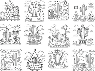 Twelve charming black and white line art illustrations of anthropomorphic cacti and desert scenes for coloring