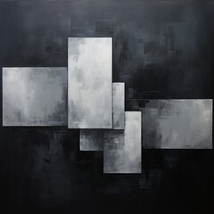 A modern, monochrome abstract painting with a textured finish. The geometric composition of rectangles in black, white, and grey creates a sophisticated, minimalist design.