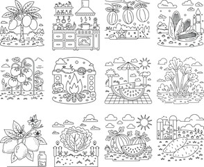 Variety of Line Art Illustrations of Fruits Vegetables and Outdoor Cooking Scenes drawing