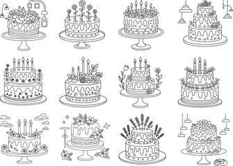Variety of Elaborate Cakes with Floral and Fruity Embellishments in Outline Style Keywords: cake, dessert, sweet, food, celebration, birthday, party, holiday, occasion, wedding, anniversary, tiered