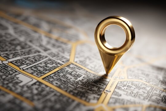 Map with Golden Location Pin for Urban Navigation