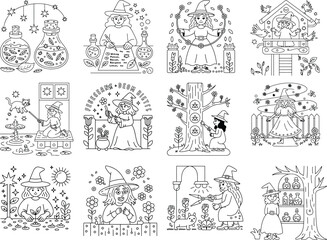 Whimsical Witchy Line Art Scenes With Potions Animals Nature And Magical Rituals Keywords: witch, wizard, magic, spell, potion, cauldron, broom, hat, stars, moon, sun, plants, flowers, trees