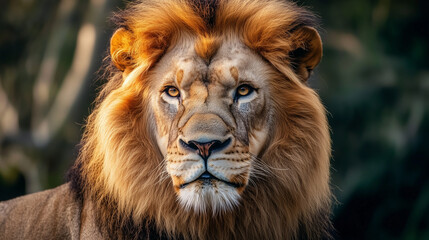 Obraz premium lion with fluffy mane looking away in savanna. Detail face lion.