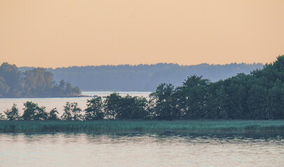 Peaceful lake shoreline with forest and soft pastel sky at dusk