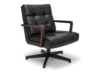 Fototapeta premium Black leather armchair with wooden arms and a swivel base