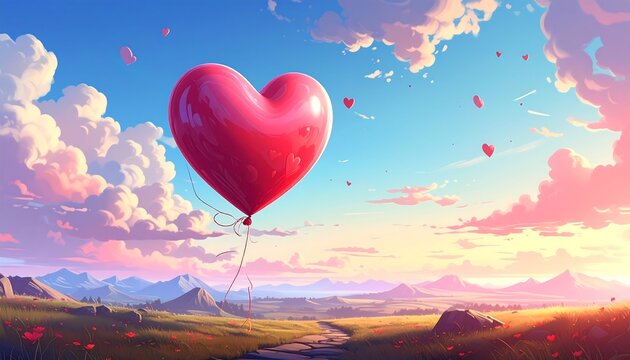 Large, vibrant red heart-shaped balloon floats above a scenic landscape at sunrise or sunset. Fluffy clouds and scattered small hearts enhance a romantic atmosphere - Powered by Adobe