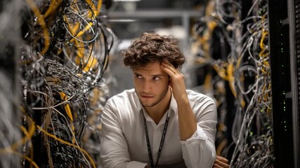 Overwhelmed in the Server Room: A network engineer appears frustrated, hand on head amidst a maze of wires and data cables, portraying the complex challenges of IT infrastructure. - Powered by Adobe