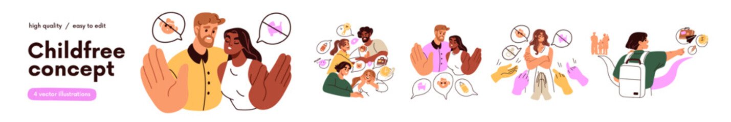 Childfree by choice concept. Child-free and childless women, men, couples dont want kids. People choose not to have children, voluntary decision. Flat vector illustration isolated on white background