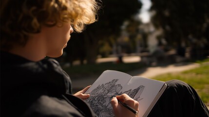 Young boy sitting on a bench in a park, holding a notebook and drawing. he is wearing a black jacket and has curly blonde hair.