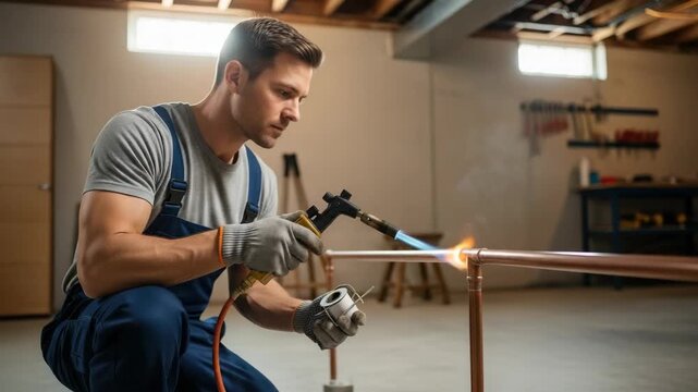 Skilled plumber soldering copper pipes with a blowtorch. A tradesman working on a plumbing installation in a workshop. Manual labor and craftsmanship concept