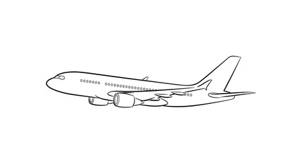 Simple line art drawing of a commercial airplane in profile ready for takeoff or landing.