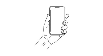 Simple line drawing of a hand holding a mobile phone.