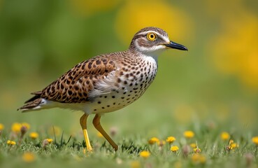 Spotted Thick-knee bird stands on grassy field with yellow flowers. Brown and white bird with spotted plumage and long yellow legs walks in green meadow. Wild animal in natural habitat.