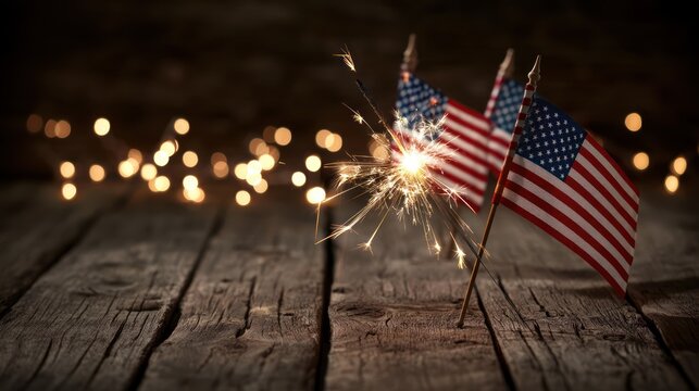 Patriotic American flags with sparkling bright sparkler on rustic wood, glowing bokeh lights, celebrating national holiday, independence and freedom.