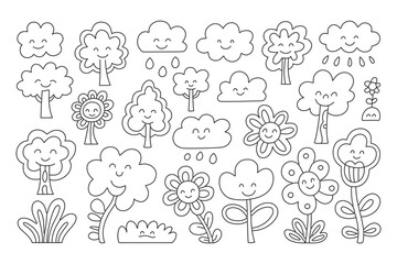 Collection of cute cartoon trees, clouds, and flowers with happy faces, isolated on white background