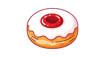 Sweet jelly donut with white icing and red jam center.