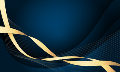 Abstract golden ribbon wave curve overlap on blue with blank space design luxury background vector
