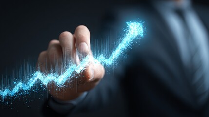A visionary professional hand gestures towards a glowing digital arrow, representing business growth and progress, set against a dark, elegant background.