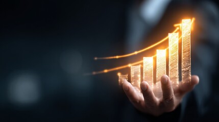 A businessperson holds a glowing growth chart, symbolizing progress, and upward financial trends with a hint of technology.
