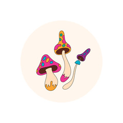 Groovy psychedelic mushroom with retro cartoon graphic style forms the main subject in this colorful circle sticker label. Y2k shroom design for package lid and box seal, creative product tag.