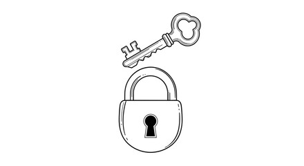 Vintage style padlock and ornate key sketch on white background.