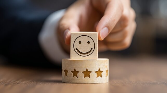 A hand placing a wooden block with a smiley face symbol upon a block featuring star symbols, conveying customer satisfaction and excellent service. 