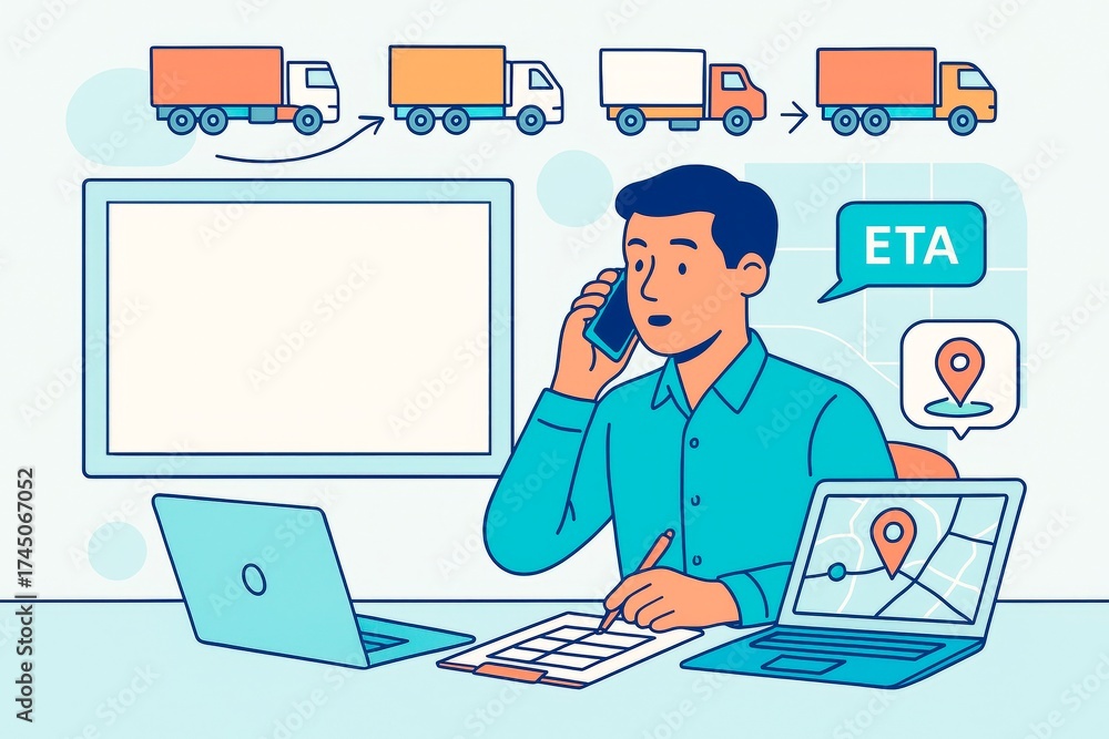 Wall mural logistics manager coordinating truck delivery with eta tracking on laptops and phone in office setti