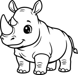 Naklejka premium Cute rhinoceros cartoon kids coloring page, simple black and white line art for children activity