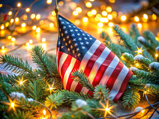American flag draped over evergreen branches with festive holiday lights in the background