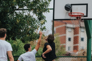 A lively outdoor basketball scene shows three players competing near a backboard and hoop,...