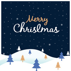 Merry Christmas and Happy New Year greeting card with Christmas trees and snow on blue background. Winter festive vector illustration.