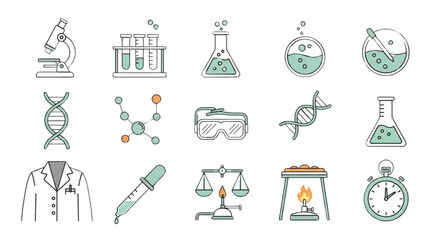 Collection of hand drawn scientific icons and symbols representing research and discovery in a clean and simple style