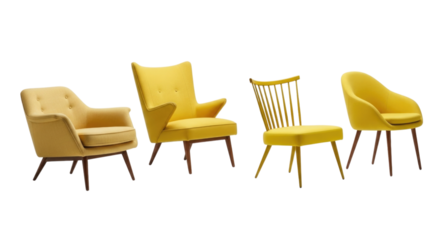 Collection of Yellow Armchairs, transparent background, cutout PNG