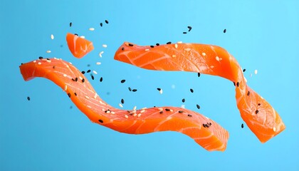 Fresh salmon slices, tossed in air, sprinkled with sesame seeds, against a vibrant blue backdrop