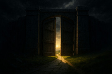 Open gate with glowing sunset and winding path leading to bright horizon, symbolizing hope and new beginnings in dark, mysterious environment