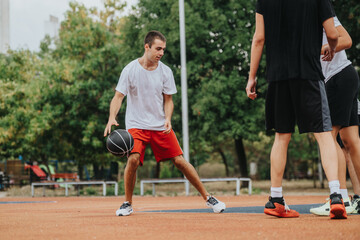 A group of young men play basketball on an outdoor court, dribbling and defending as teammates move. The scene captures athletic energy, focus, and casual street sports.