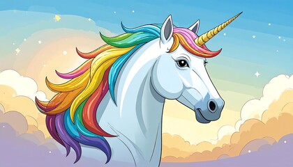 Rainbow unicorn profile, sunset sky